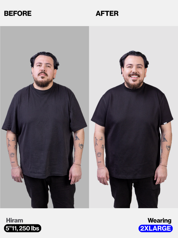 Before and after heavyweight tee fit - Hiram, 5'11, 250 lbs, 2XL