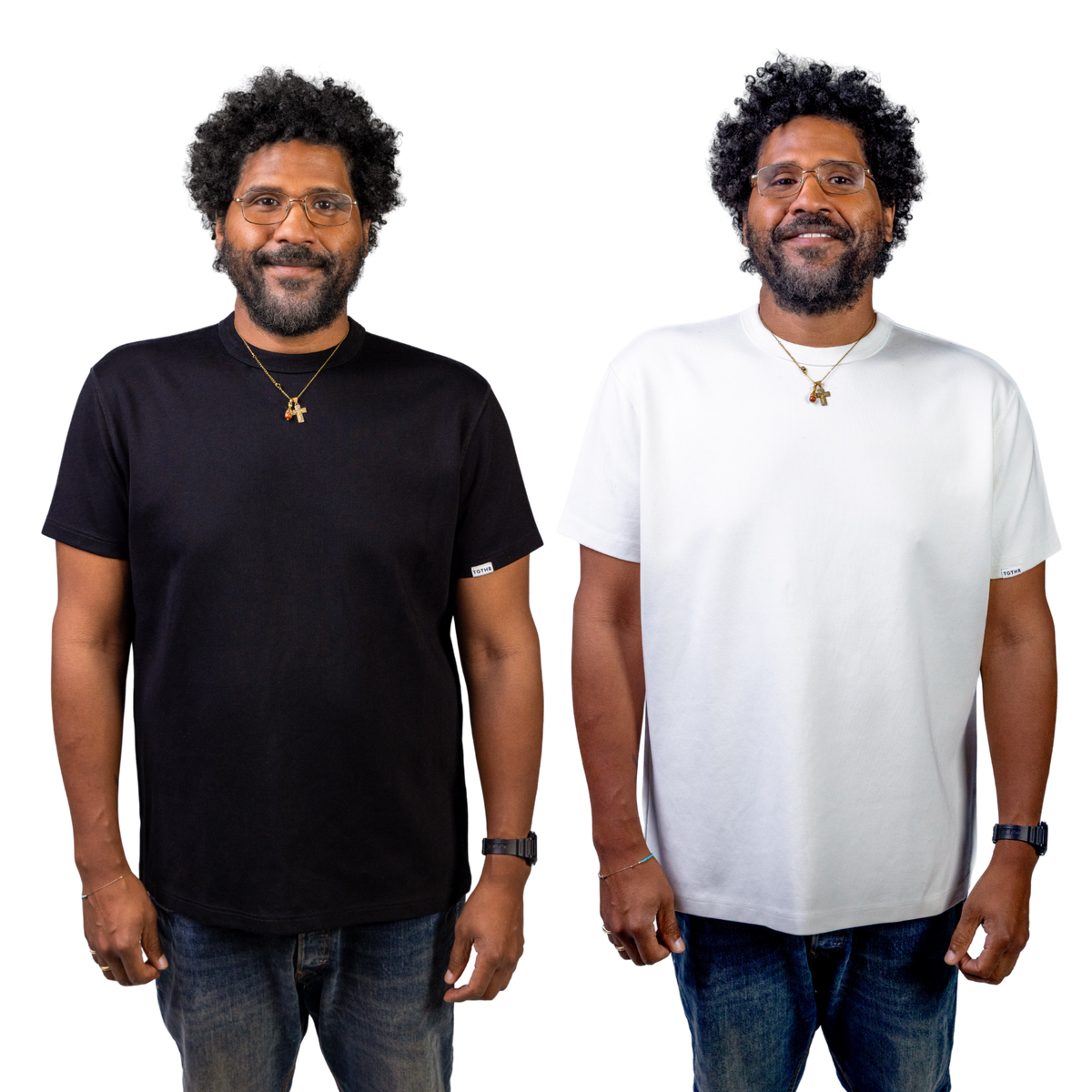 Two men wear our signature heavyweight tees in black and white