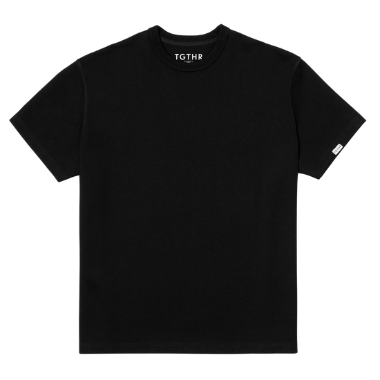 Black t-shirt with 'TGTHR' branding on a clear background