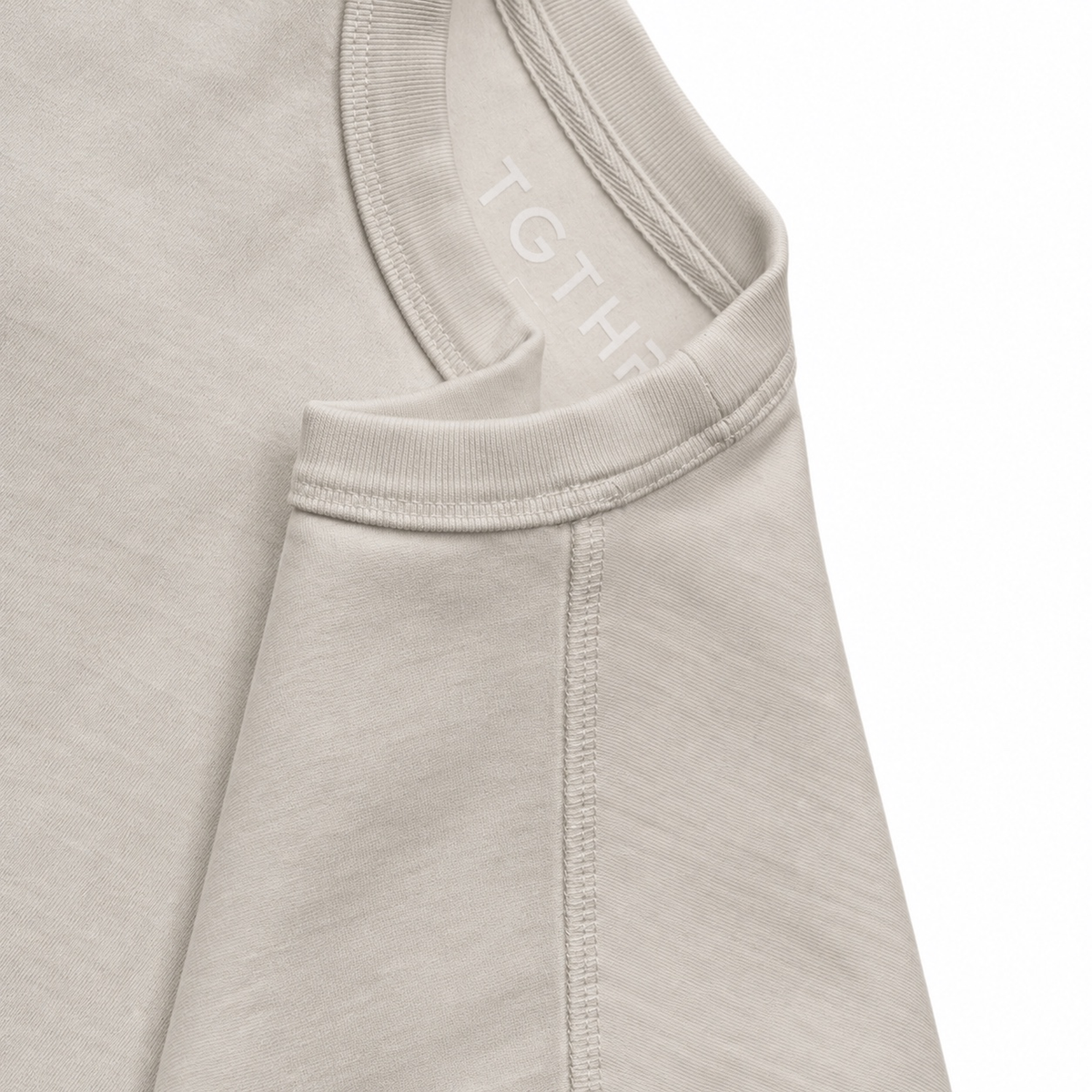 TG1 heavyweight t-shirt in Stone, collar and shoulder seam