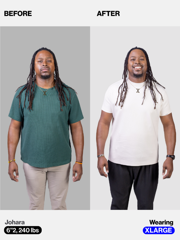 Before and after heavyweight tee fit - Johara, 6'2, 240 lbs, XL